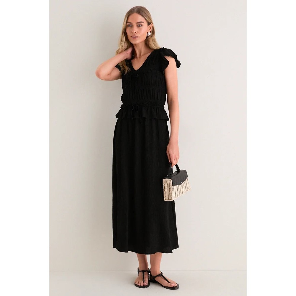 Moon River Black Flutter Sleeve Smocked Maxi Dress Size Large Holiday Party NWT